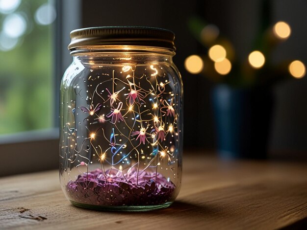 a jar of purple sea shells sits on a wooden table