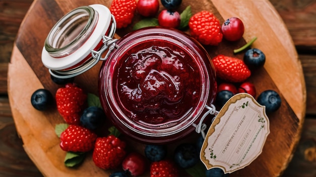 a jar of raspberry jam sits on a table