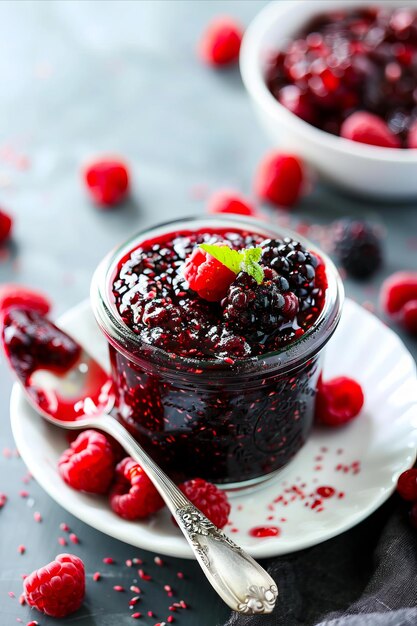 Photo a jar of raspberry jam with berries on top