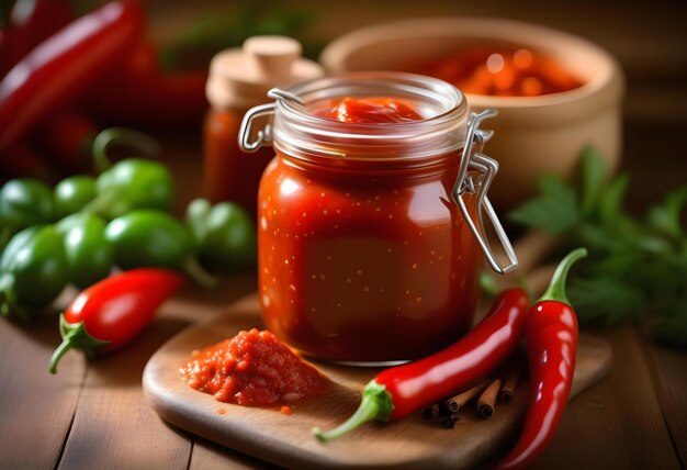 Photo a jar of red chili and tomato sauce with spices on a wooden table