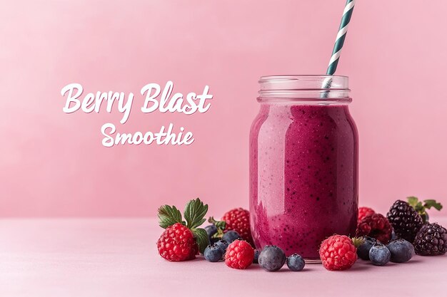 Photo jar of red smoothie berry blast label raspberries green leaves