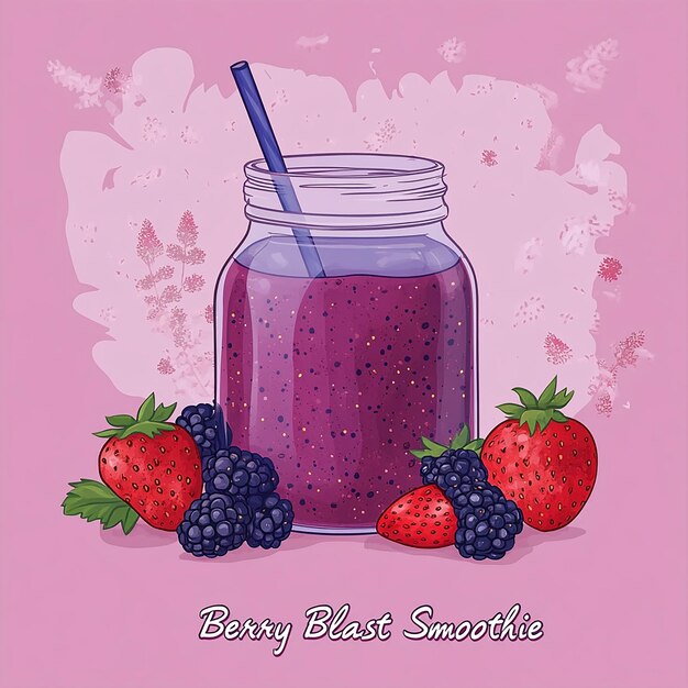 Photo jar of red smoothie berry blast label raspberries green leaves