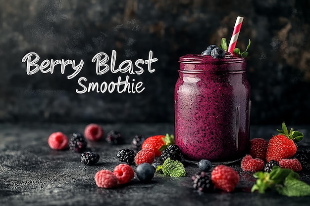 Photo jar of red smoothie berry blast label raspberries green leaves