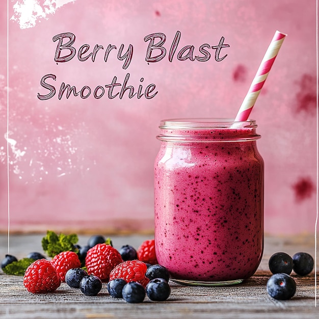 Photo jar of red smoothie berry blast label raspberries green leaves