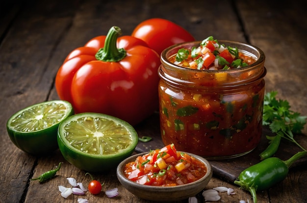 Photo a jar of salsa with tomatoes and peppers on a wooden table