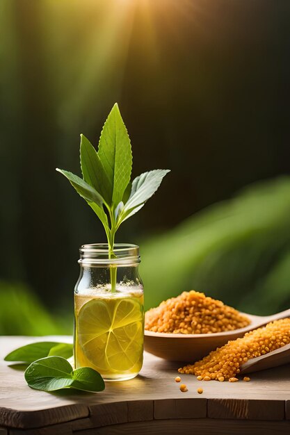 A jar of seeds with a plant in it next to a jar of seeds.