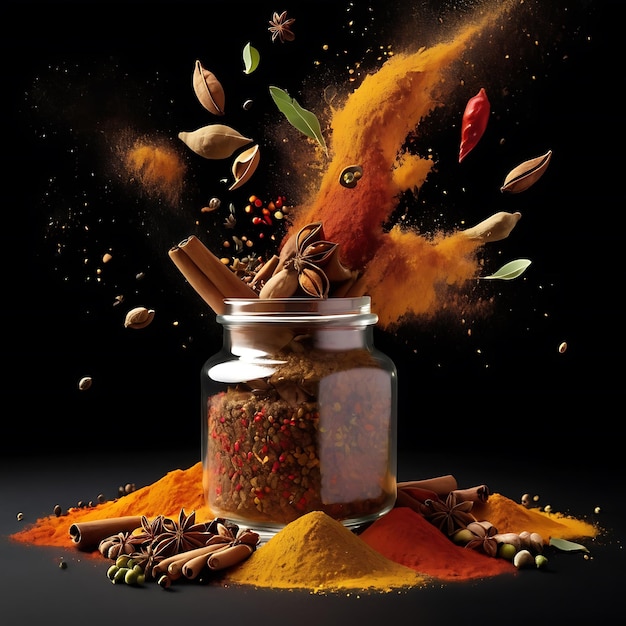 Photo jar of spices with an explosion of spices