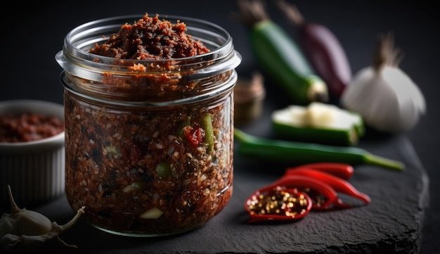 A jar of spicy food with a red pepper on the side.