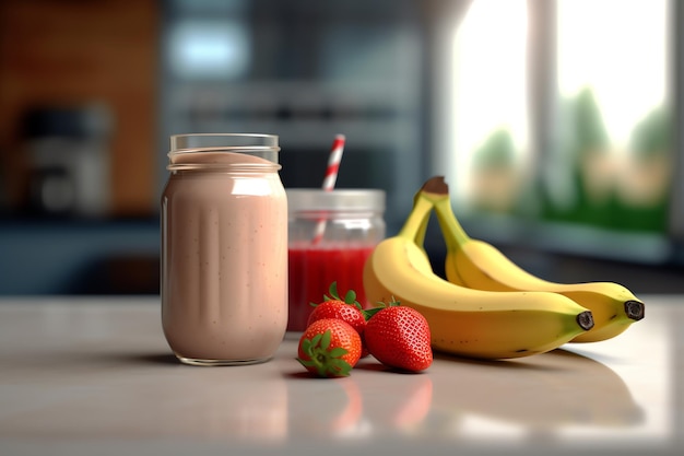 A jar of strawberry and banana smoothie