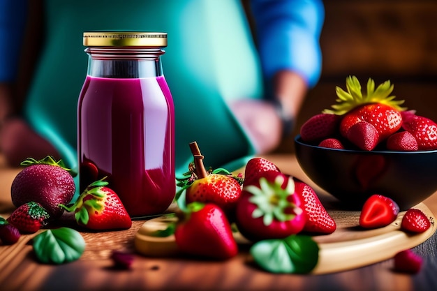 A jar of strawberry jam next to a bowl of strawberries.