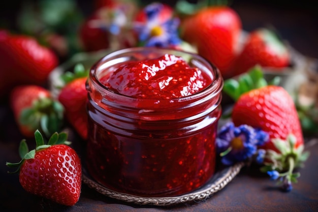 Jar of strawberry jam and fresh berries Generative AI