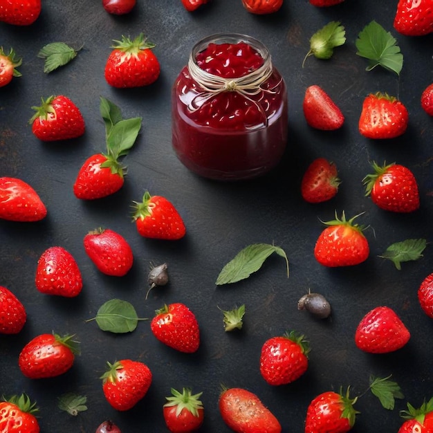 a jar of strawberry jam sits on a black surface with a bunch of leaves on it