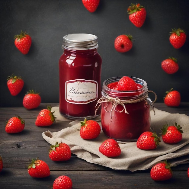 a jar of strawberry jam sits on a table with strawberries in the background