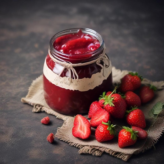 Photo a jar of strawberry jam next to strawberries on a cloth