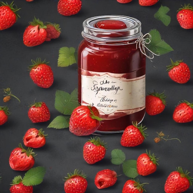 a jar of strawberry jam with leaves and a label that sayssweeton it