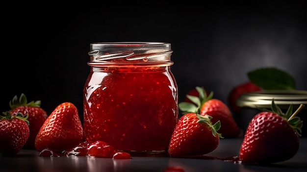 A jar of strawberry jam with strawberries on the side