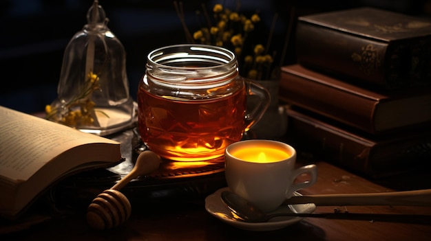 a jar of tea sits next to a cup of tea