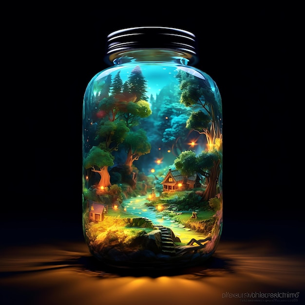 A jar that shows a landscape painting inside bottle