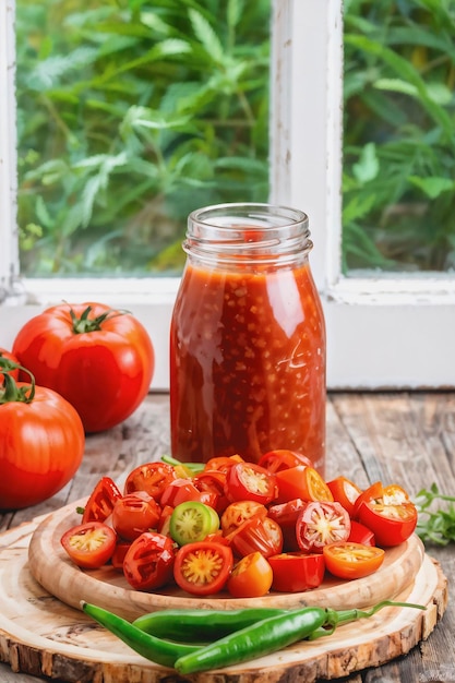 a jar of tomato sauce next to a tomato and some tomatoes