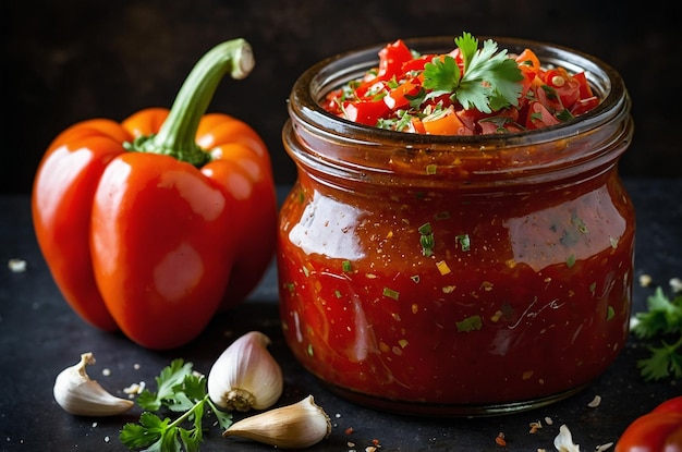 Photo a jar of tomato sauce with garlic and garlic