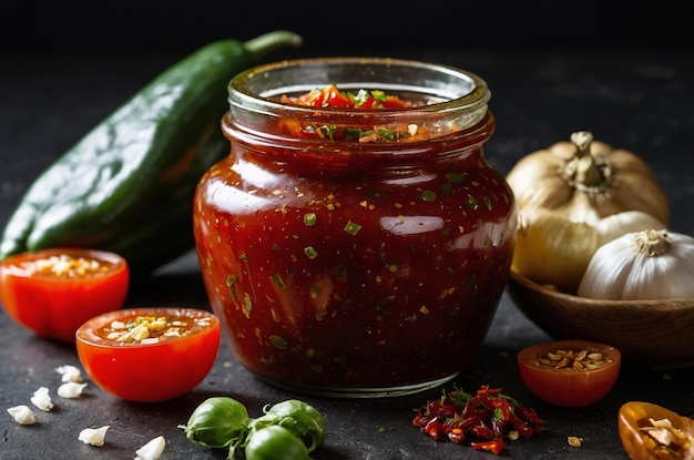 Photo a jar of tomato sauce with a jar of salsa on it