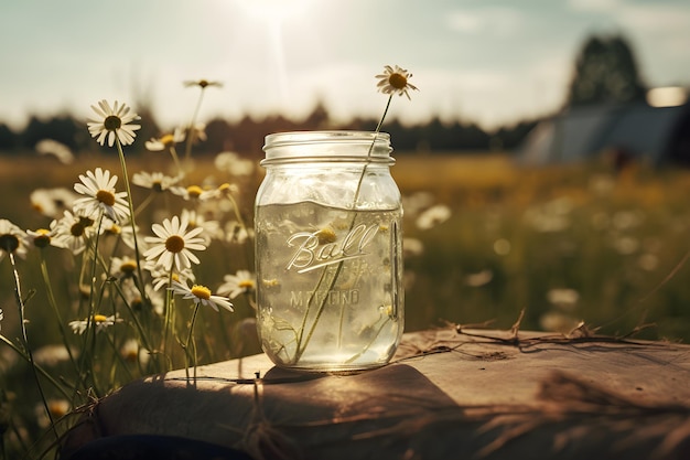 A jar of water sits on a table in a field of flowers.