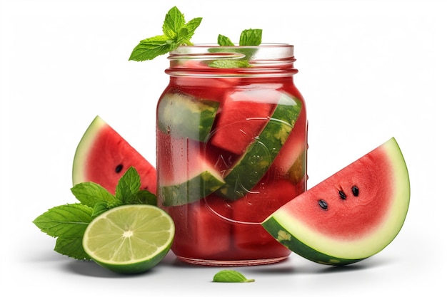 A jar of watermelon juice with mint leaves on the side.