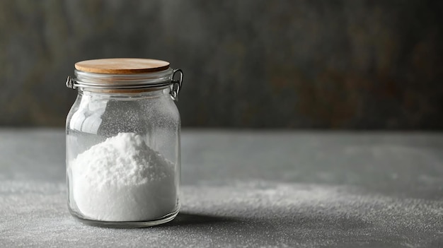 a jar of white salt sits on a table with a bottle of salt in it