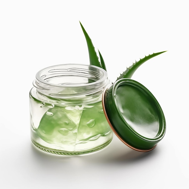 A jar with aloe vera on it and a lid that says aloe vera on it.