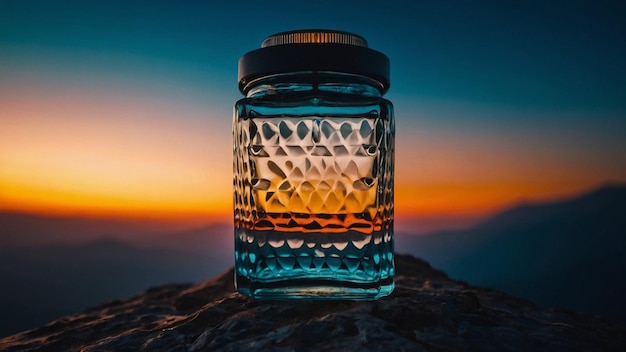 a jar with a blue lid that says the name of on it