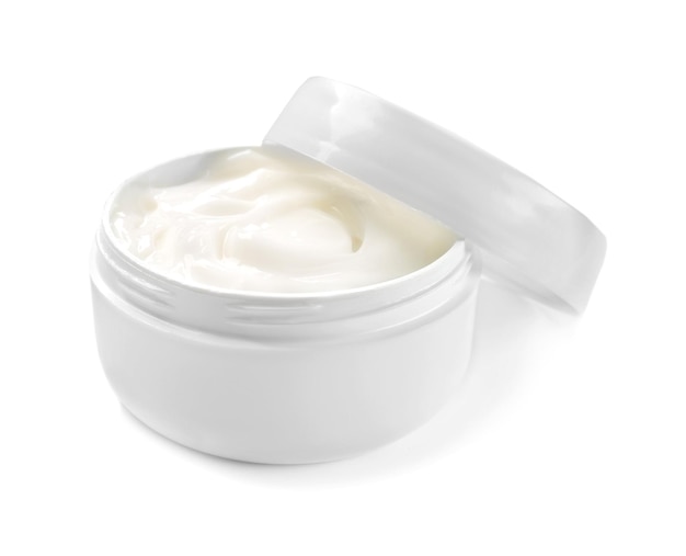 Jar with body cream on white background