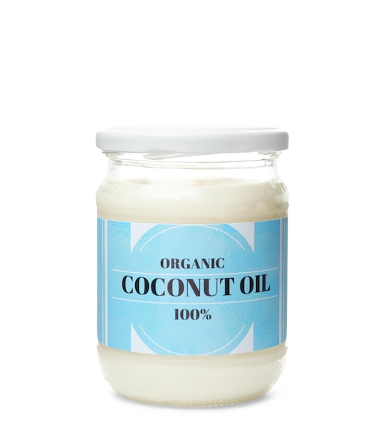 Jar with coconut oil on white background