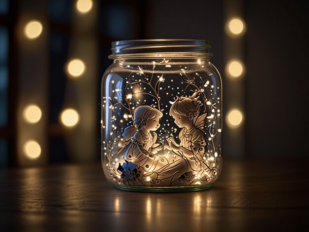 a jar with a couple of angels on it with lights behind it