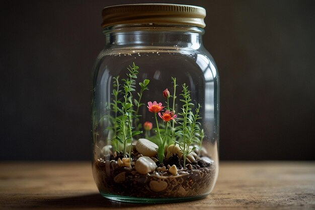 a jar with a flower in it that has a small flower in it