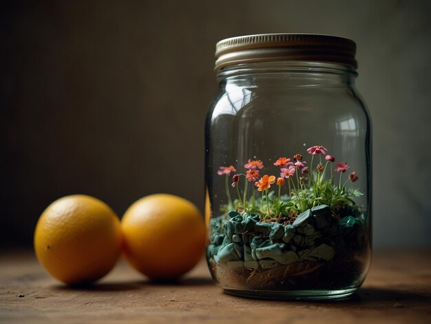 Photo a jar with flowers and a jar of plant life on it