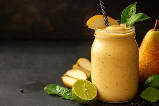 Photo jar with fresh smoothie of pear and lime on table