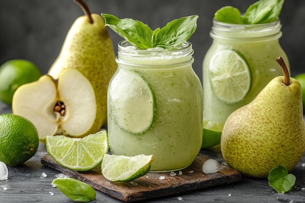 Photo jar with fresh smoothie of pear and lime on table