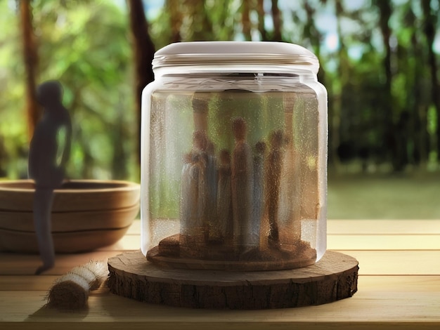 Photo a jar with a group of people in the background and a jar with a smoke coming out of it