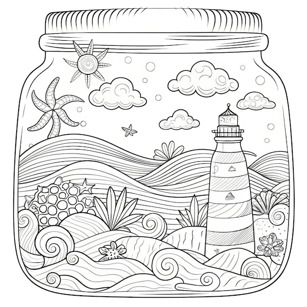 a jar with a lighthouse and flowers on it Charming Coloring Page of a Jar Featuring a Beach Scene