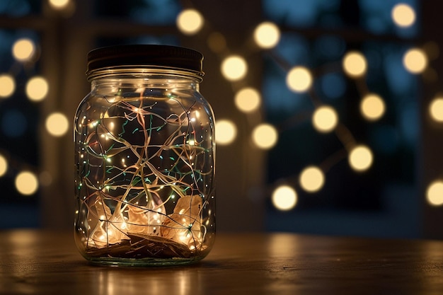 Photo a jar with lights and a string of lights on it