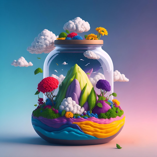 A jar with a mountain and flowers in it