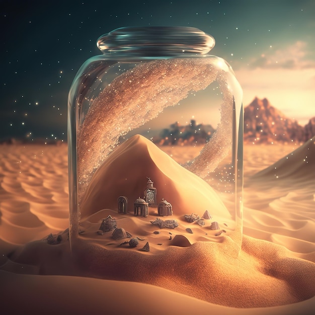 A jar with a mountain in it that has a picture of a desert with a desert scene in the background.