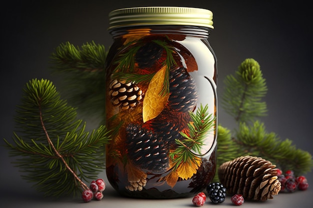 Jar with pine cone jam illustration Generative AI