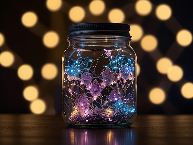 a jar with purple and blue lights on it is on a wooden table