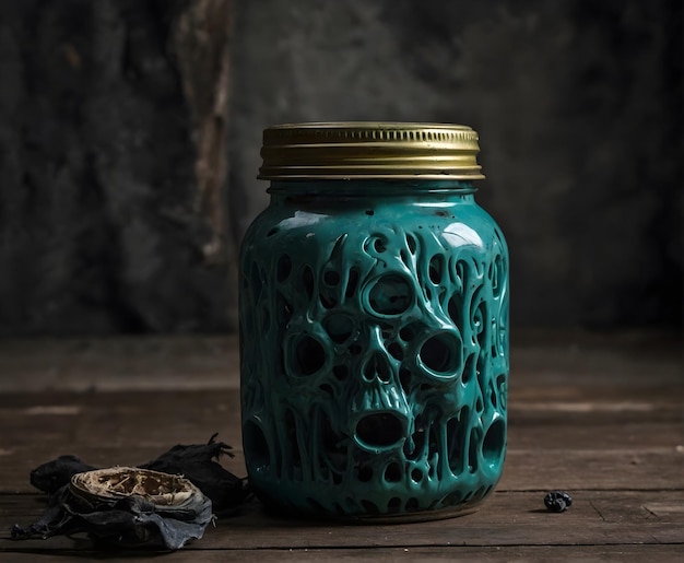 a jar with a skull on it sits on a wooden table