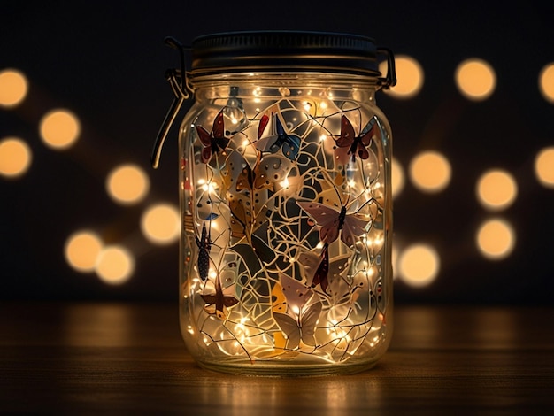 Photo a jar with a string of lights and butterflies on it