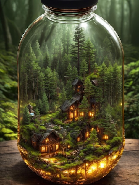 A jar with a tree inside of it that has a house inside