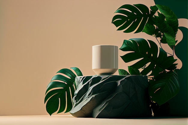 Jar with tropical monstera leaf on beige background Brand packaging mockup AI Generated