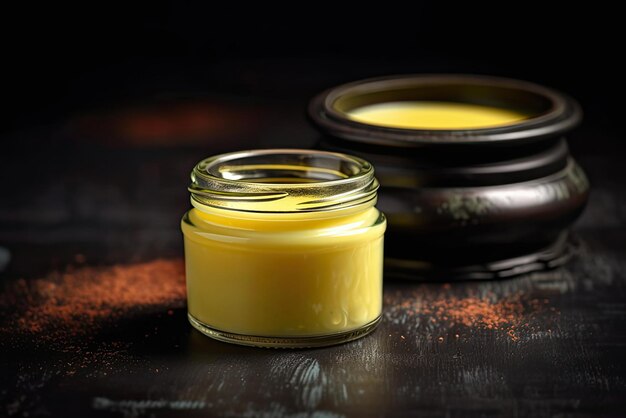 A jar of yellow curd sits next to a black bowl of spices.