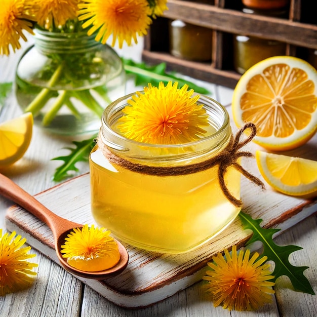 A jar of yellow dandelion jam with orange stands on a wooden board in the kitchen